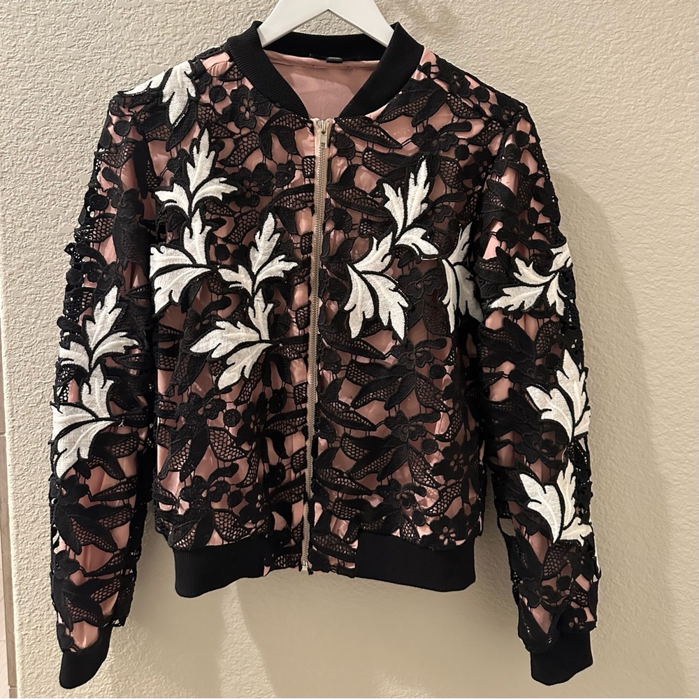 Aqua Pink and Black Lace Bomber Jacket ~ Women’s Small